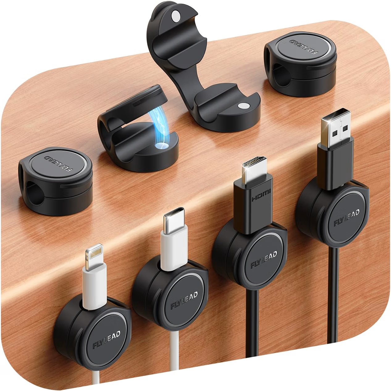 FLYLEAD magnetic cable clips holding charging cables along a wooden desk